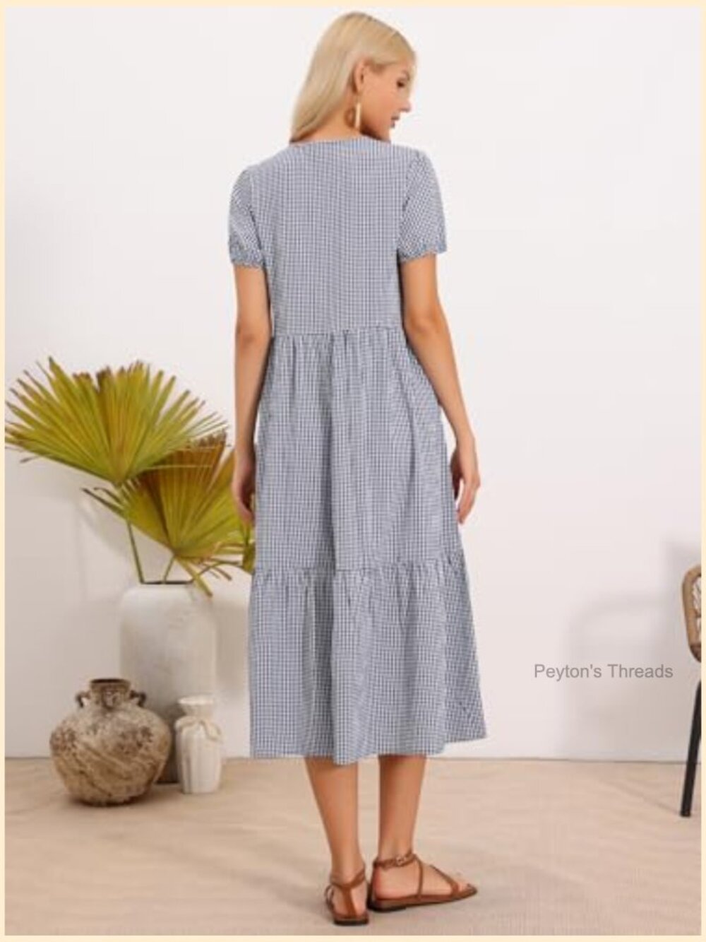 Gingham Midi Dress with Tie Front Short Sleeve Flowy Beach Dress - Picture 2 of 6